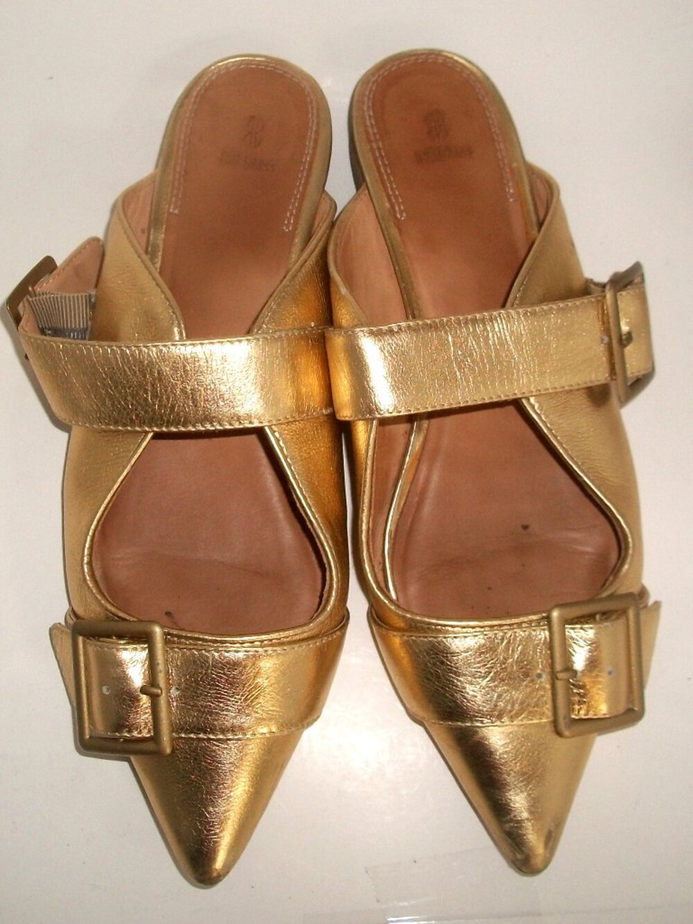 Vintage 90's Bill Blass Gold-Leather Pointy Flat Mules with Wide Buckled Straps